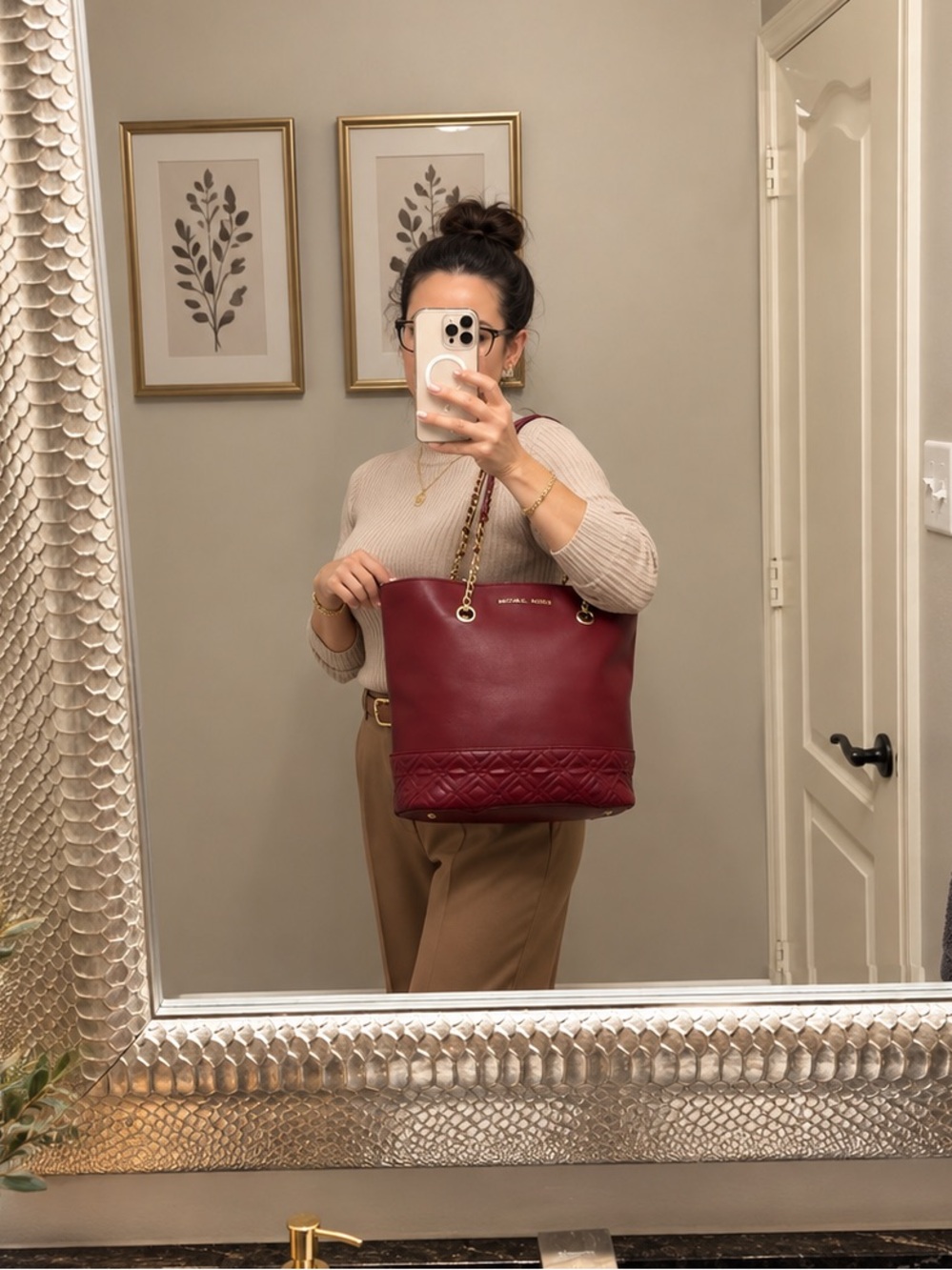 Etienne Aigner Cara Quilted
Leather Tote Bag Burgundy Gold